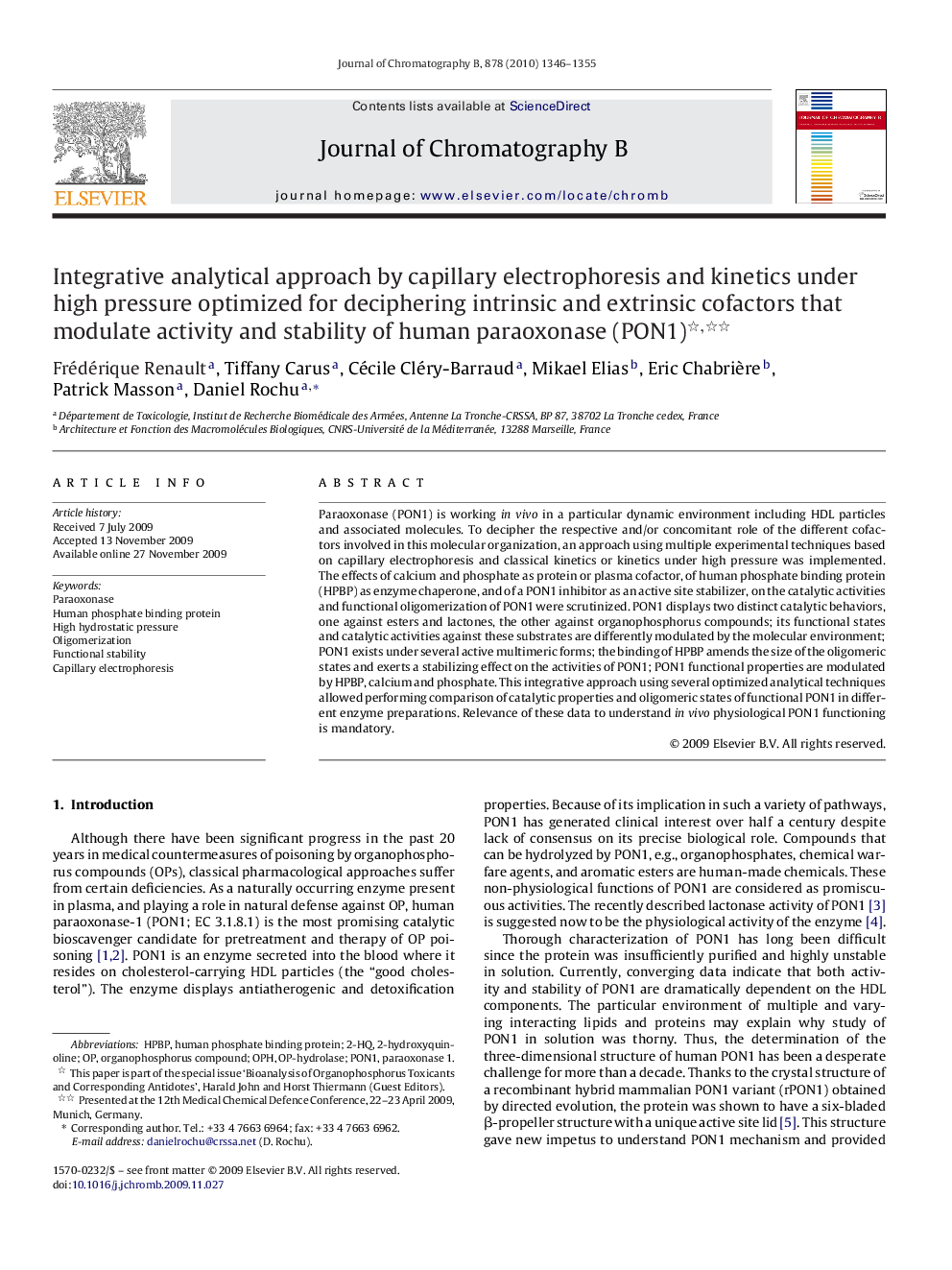 Integrative analytical approach by capillary electrophoresis and kinetics under high pressure optimized for deciphering intrinsic and extrinsic cofactors that modulate activity and stability of human paraoxonase (PON1) 