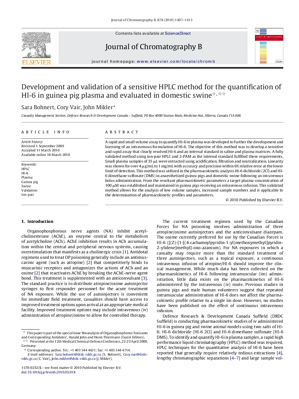 Development and validation of a sensitive HPLC method for the quantification of HI-6 in guinea pig plasma and evaluated in domestic swine 