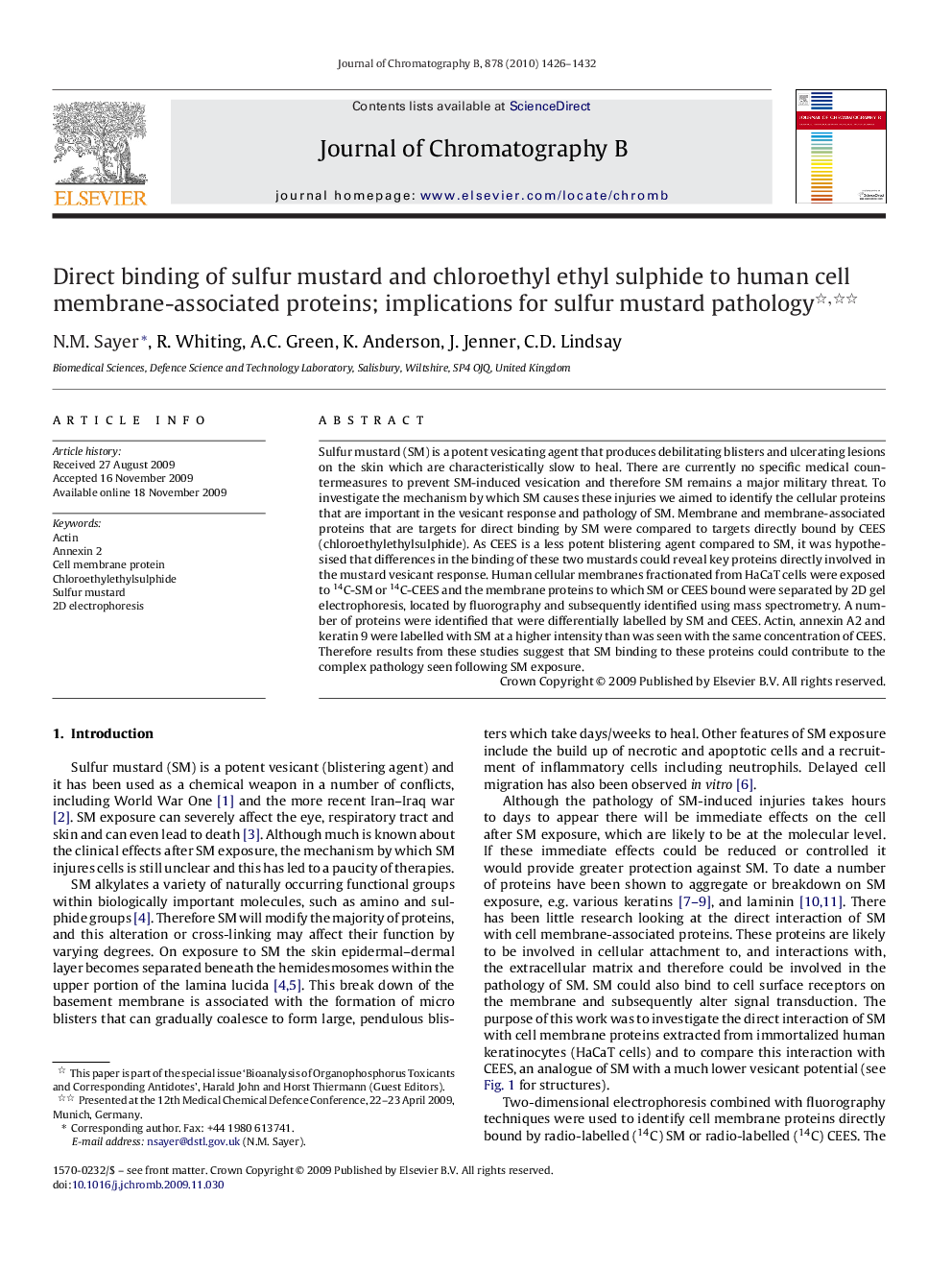 Direct binding of sulfur mustard and chloroethyl ethyl sulphide to human cell membrane-associated proteins; implications for sulfur mustard pathology 