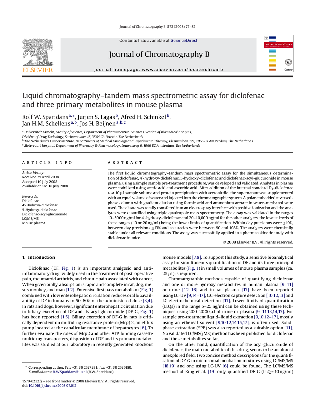 Liquid chromatography–tandem mass spectrometric assay for diclofenac and three primary metabolites in mouse plasma