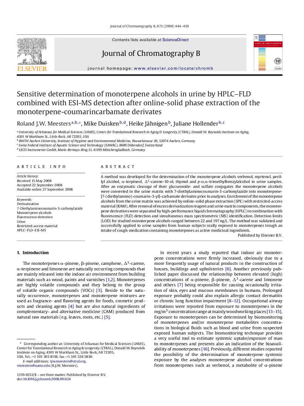 Sensitive determination of monoterpene alcohols in urine by HPLC–FLD combined with ESI-MS detection after online-solid phase extraction of the monoterpene-coumarincarbamate derivates