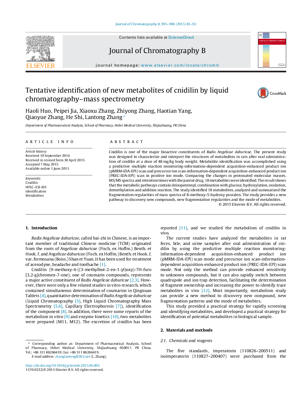 Tentative identification of new metabolites of cnidilin by liquid chromatography-mass spectrometry