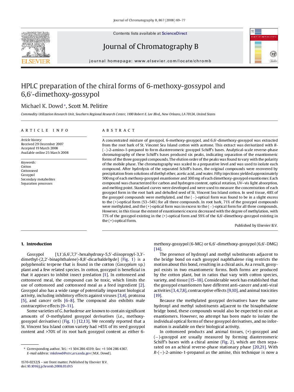 HPLC preparation of the chiral forms of 6-methoxy-gossypol and 6,6′-dimethoxy-gossypol