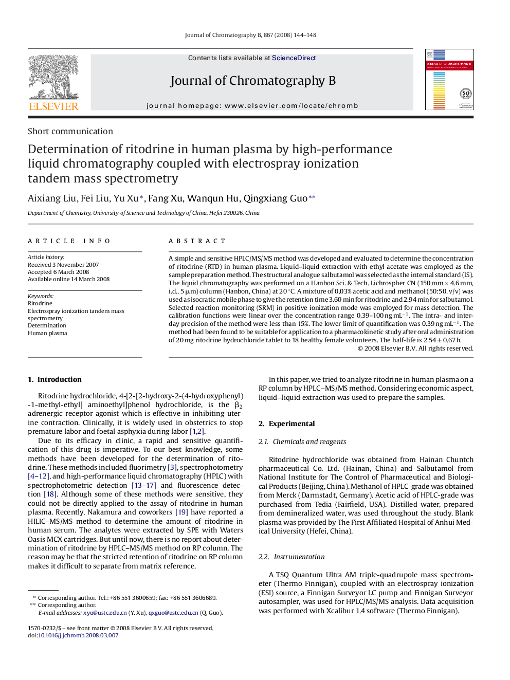 Determination of ritodrine in human plasma by high-performance liquid chromatography coupled with electrospray ionization tandem mass spectrometry