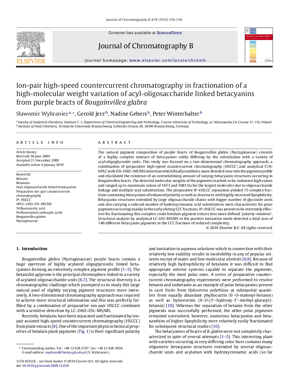 Ion-pair high-speed countercurrent chromatography in fractionation of a high-molecular weight variation of acyl-oligosaccharide linked betacyanins from purple bracts of Bougainvillea glabra