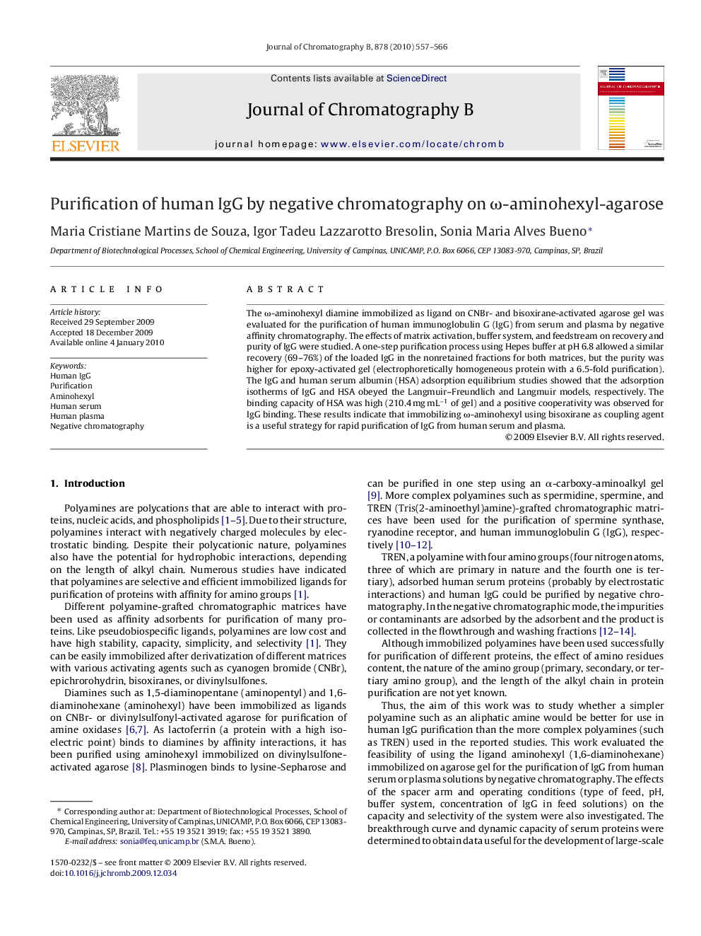 Purification of human IgG by negative chromatography on ω-aminohexyl-agarose