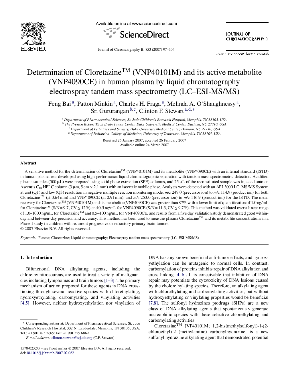 Determination of Cloretazine™ (VNP40101M) and its active metabolite (VNP4090CE) in human plasma by liquid chromatography electrospray tandem mass spectrometry (LC–ESI-MS/MS)