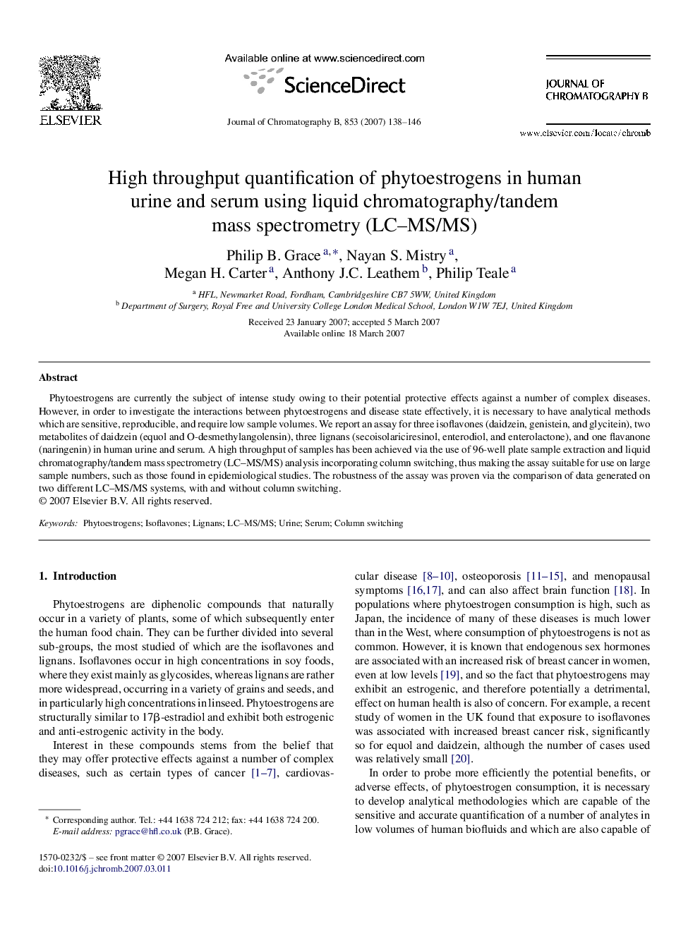 High throughput quantification of phytoestrogens in human urine and serum using liquid chromatography/tandem mass spectrometry (LC–MS/MS)