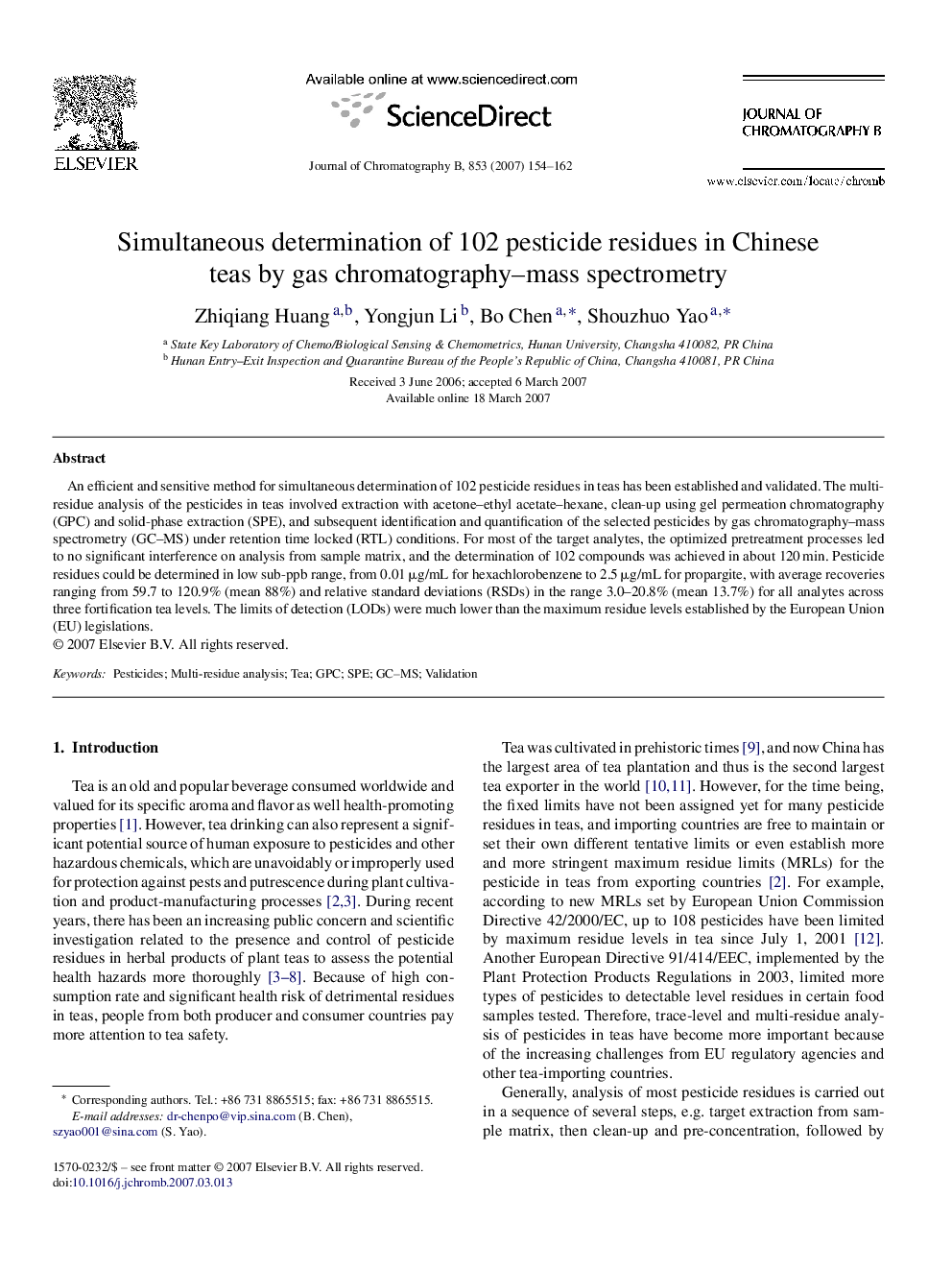 Simultaneous determination of 102 pesticide residues in Chinese teas by gas chromatography–mass spectrometry