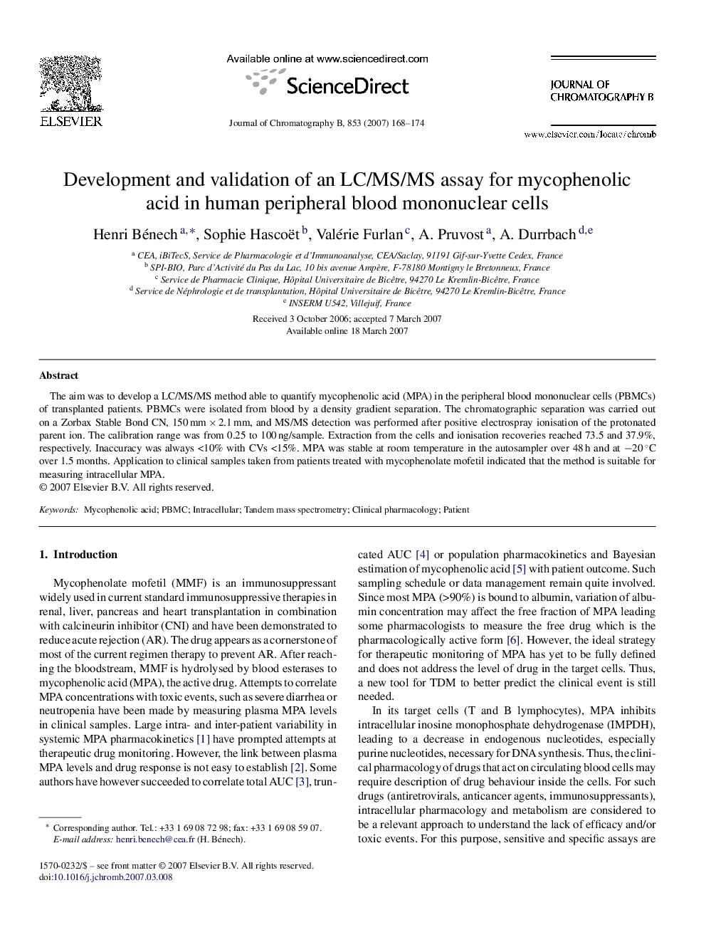 Development and validation of an LC/MS/MS assay for mycophenolic acid in human peripheral blood mononuclear cells