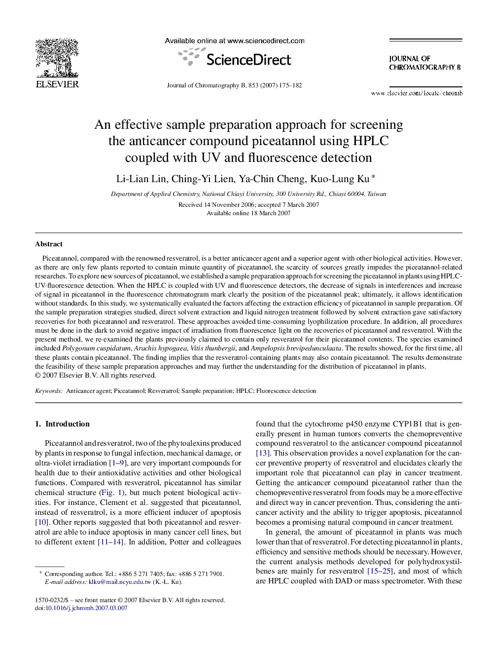 An effective sample preparation approach for screening the anticancer compound piceatannol using HPLC coupled with UV and fluorescence detection