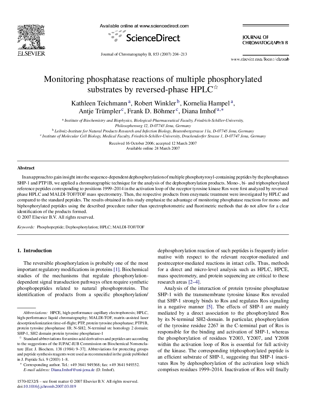 Monitoring phosphatase reactions of multiple phosphorylated substrates by reversed-phase HPLC 