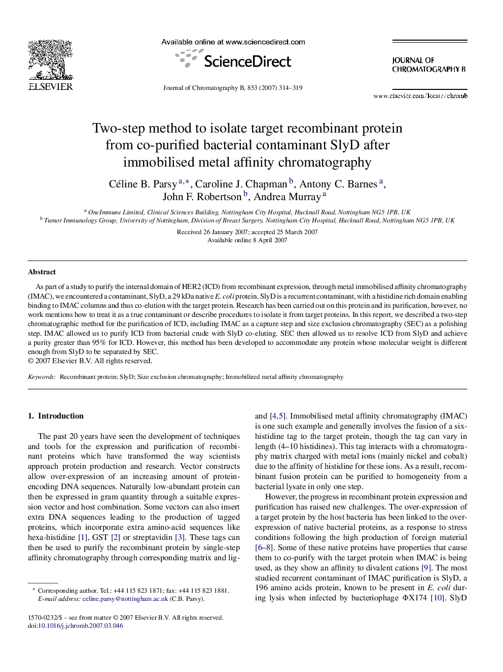 Two-step method to isolate target recombinant protein from co-purified bacterial contaminant SlyD after immobilised metal affinity chromatography