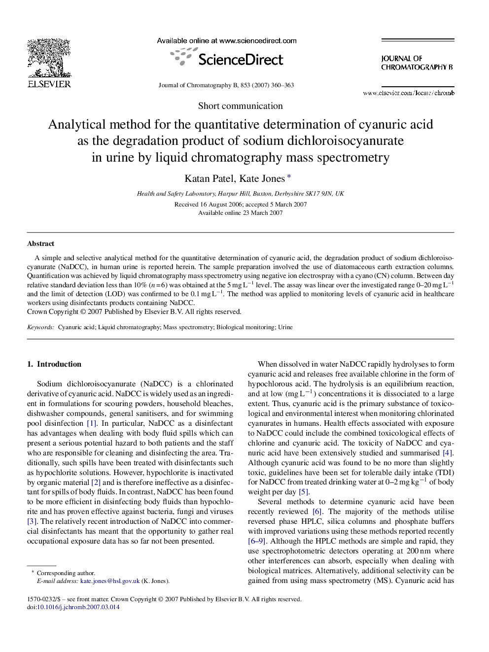 Analytical method for the quantitative determination of cyanuric acid as the degradation product of sodium dichloroisocyanurate in urine by liquid chromatography mass spectrometry