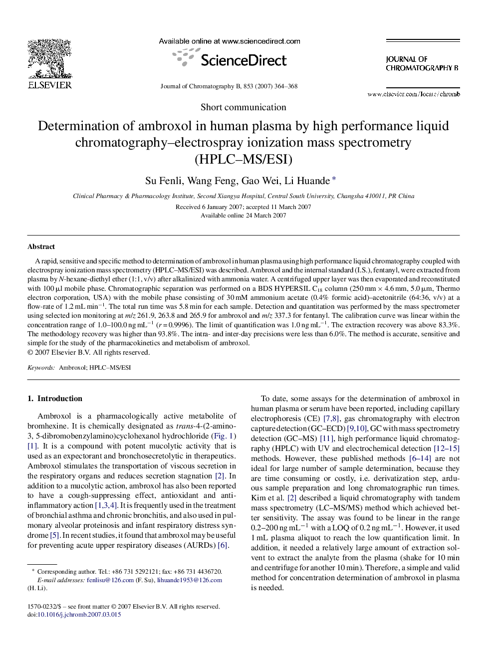 Determination of ambroxol in human plasma by high performance liquid chromatography–electrospray ionization mass spectrometry (HPLC–MS/ESI)