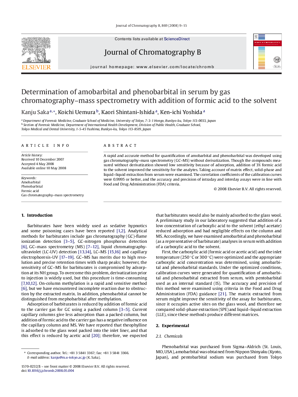 Determination of amobarbital and phenobarbital in serum by gas chromatography–mass spectrometry with addition of formic acid to the solvent