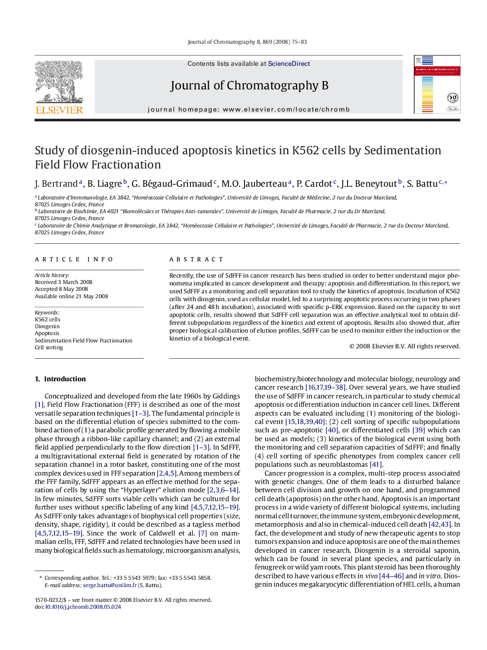 Study of diosgenin-induced apoptosis kinetics in K562 cells by Sedimentation Field Flow Fractionation