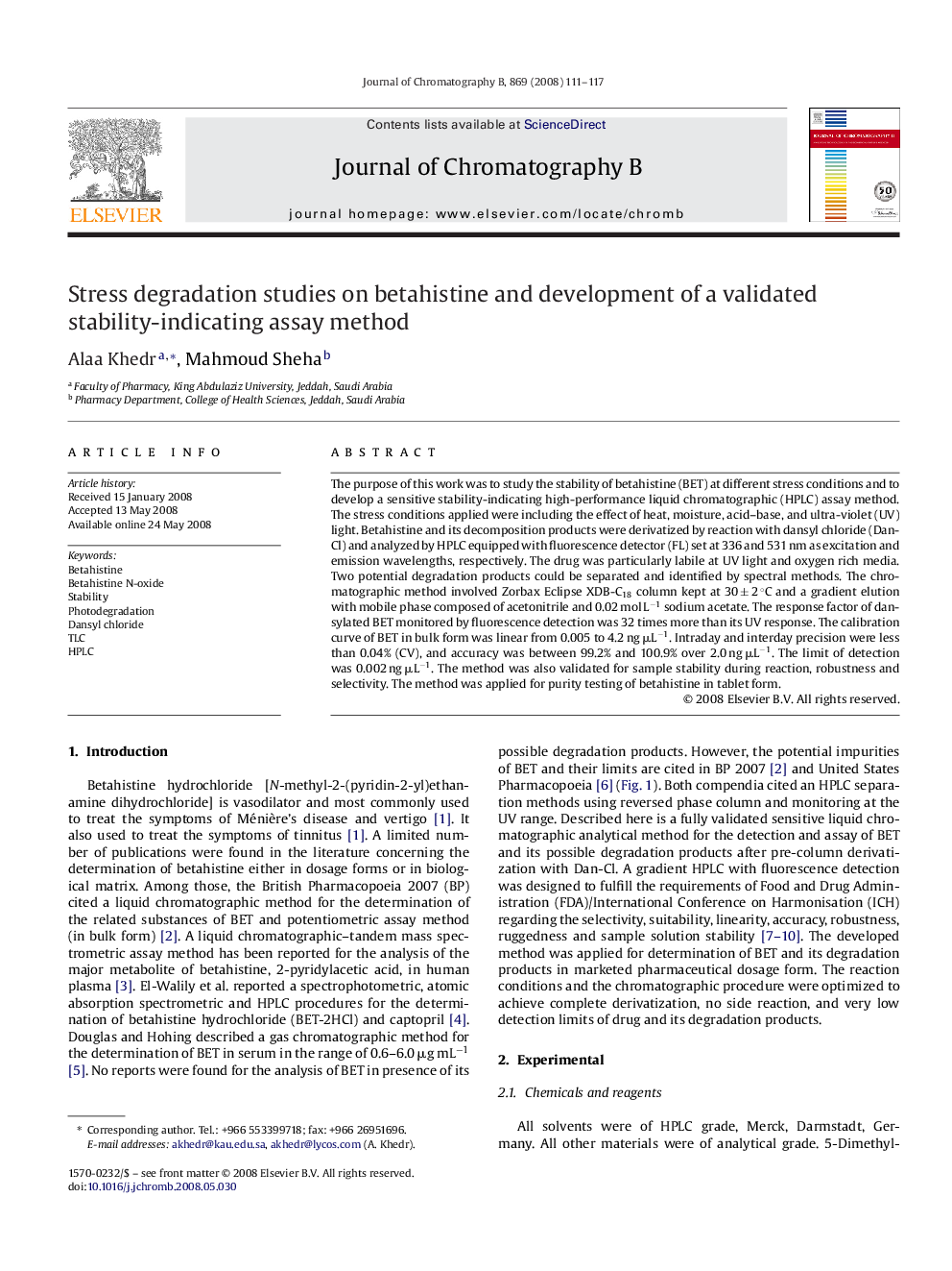 Stress degradation studies on betahistine and development of a validated stability-indicating assay method