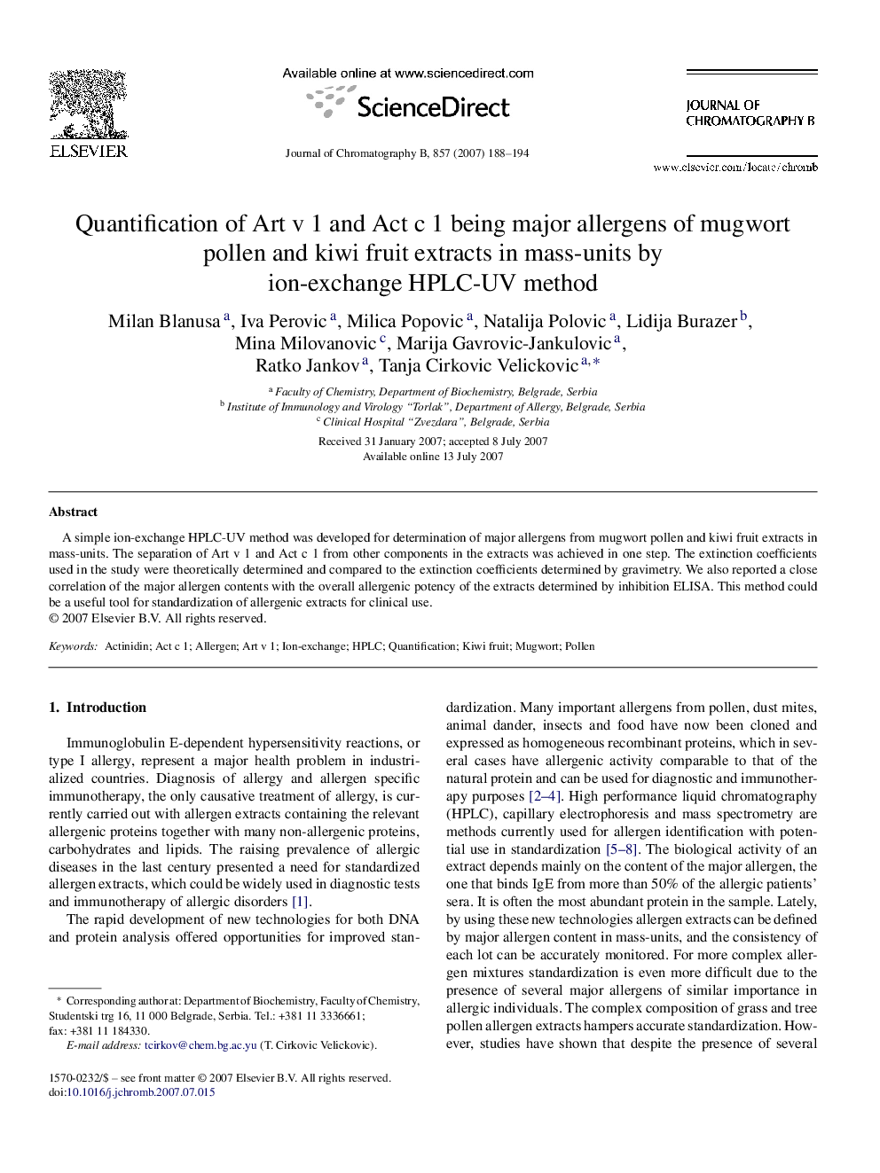 Quantification of Art v 1 and Act c 1 being major allergens of mugwort pollen and kiwi fruit extracts in mass-units by ion-exchange HPLC-UV method