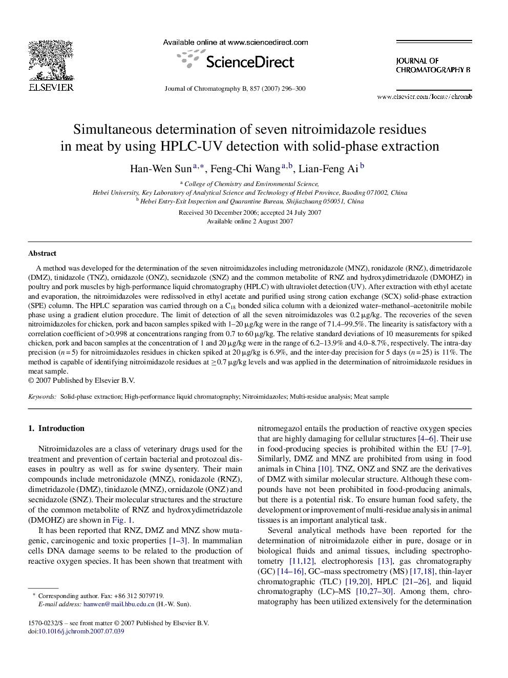 عکس صفحه اول مقاله: Simultaneous determination of seven nitroimidazole residues in meat by using HPLC-UV detection with solid-phase extraction Simultaneous determination of seven nitroimidazole residues in meat by using HPLC-UV detection with solid-phase extraction