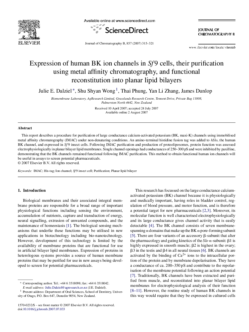 Expression of human BK ion channels in Sf9 cells, their purification using metal affinity chromatography, and functional reconstitution into planar lipid bilayers