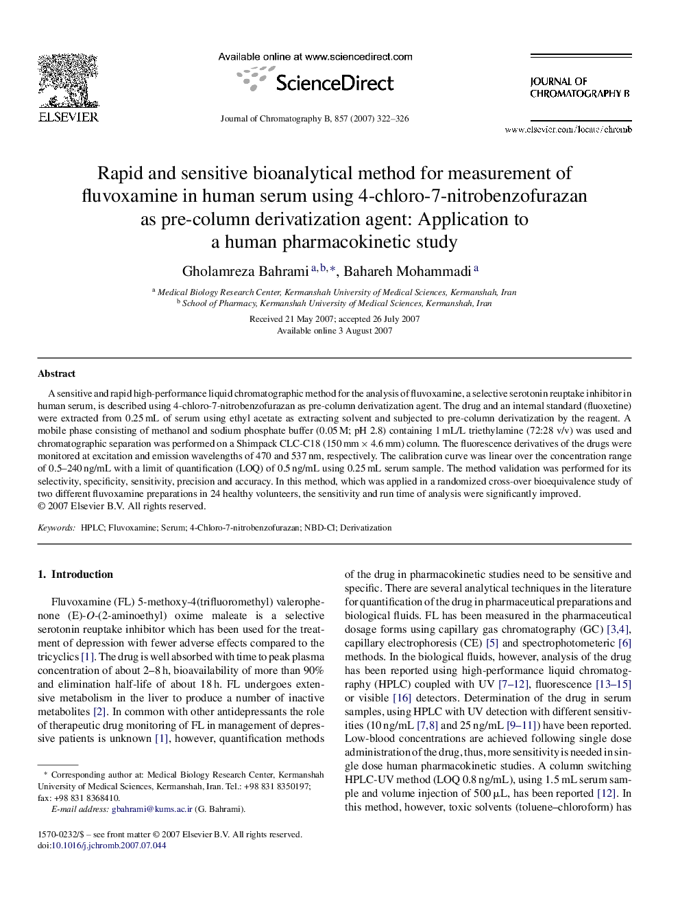 Rapid and sensitive bioanalytical method for measurement of fluvoxamine in human serum using 4-chloro-7-nitrobenzofurazan as pre-column derivatization agent: Application to a human pharmacokinetic study