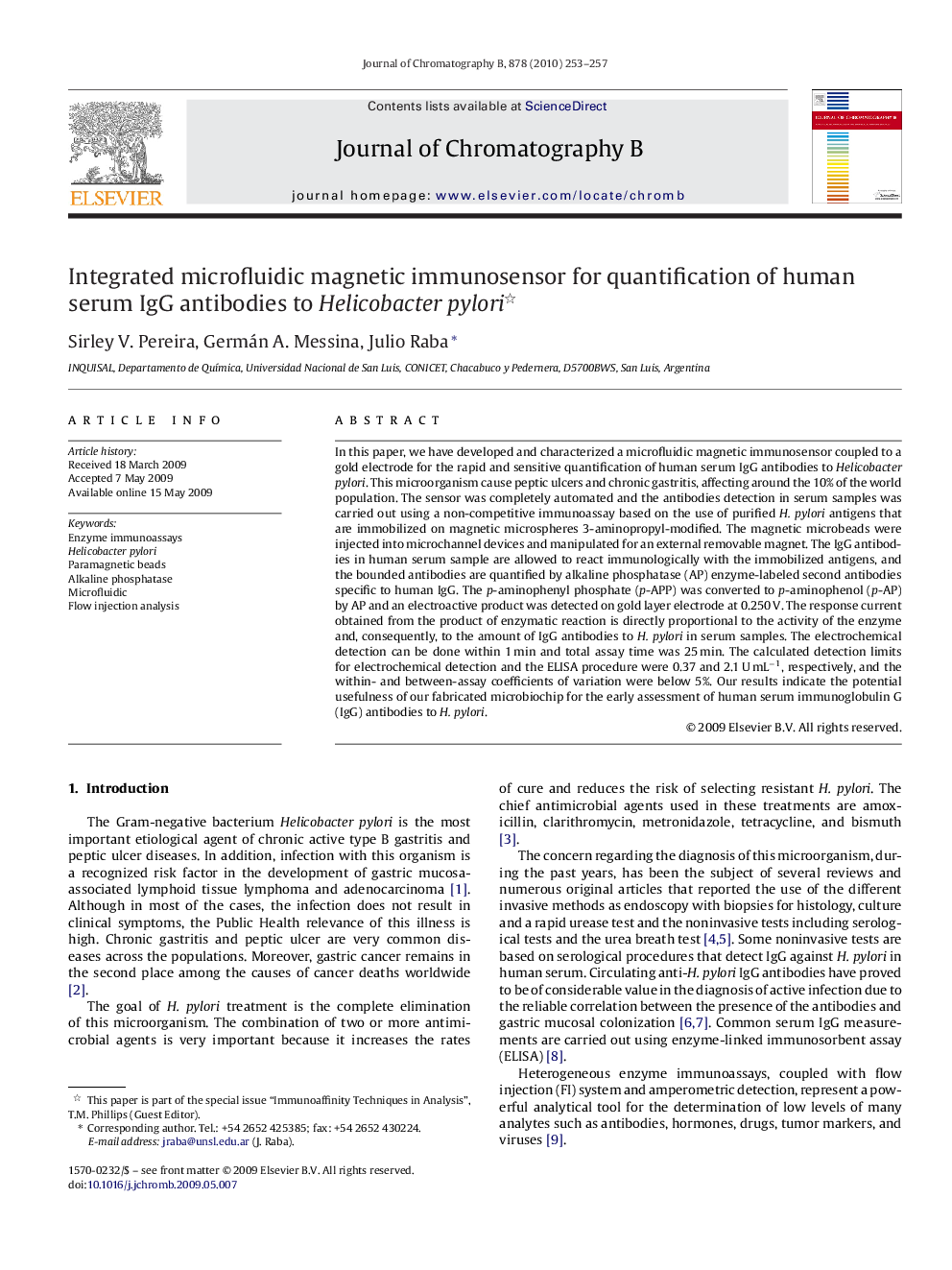 Integrated microfluidic magnetic immunosensor for quantification of human serum IgG antibodies to Helicobacter pylori 