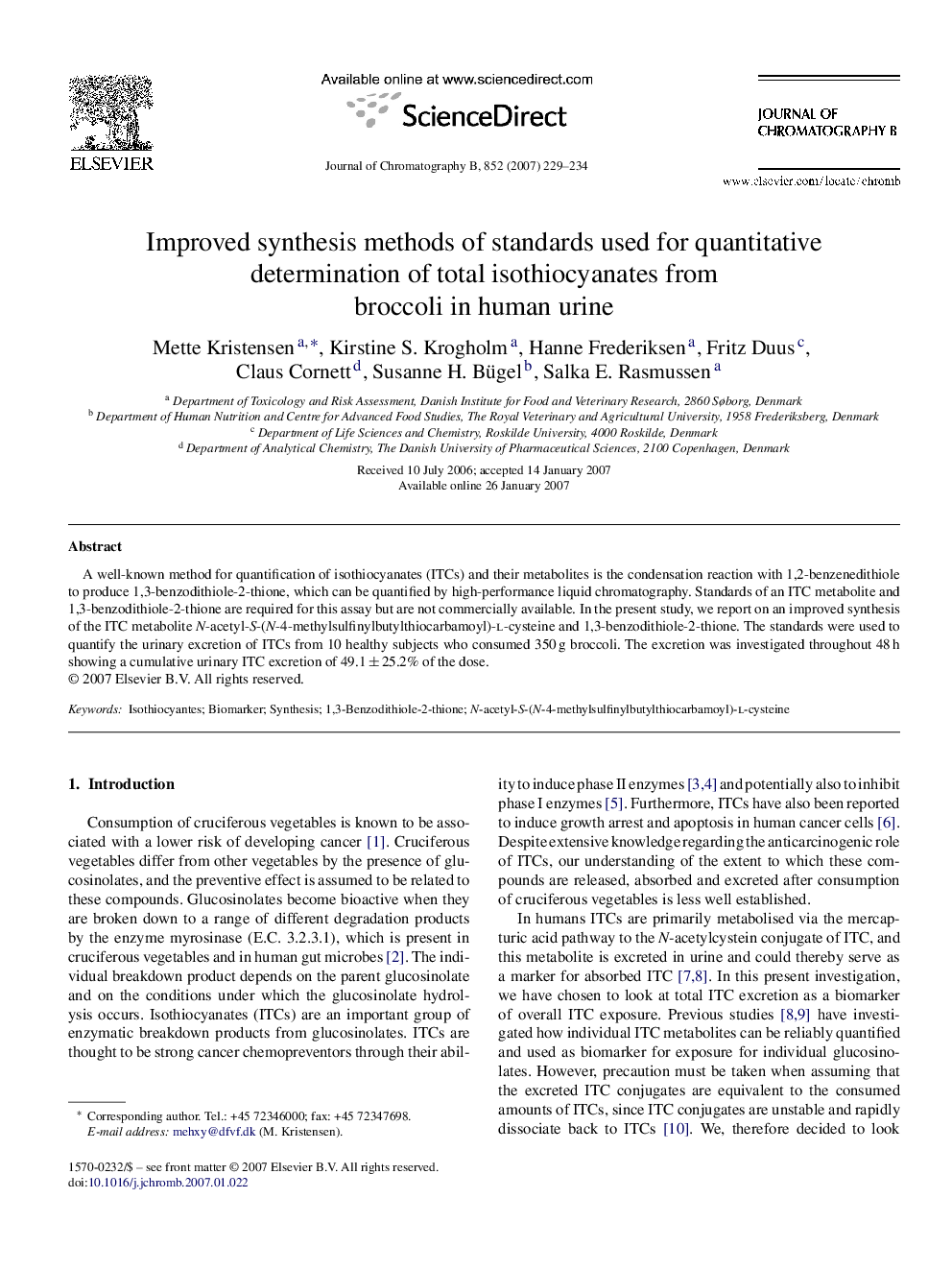 Improved synthesis methods of standards used for quantitative determination of total isothiocyanates from broccoli in human urine