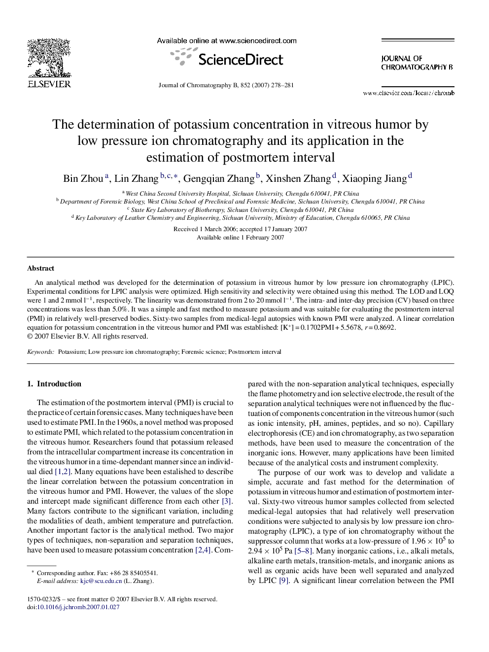 The determination of potassium concentration in vitreous humor by low pressure ion chromatography and its application in the estimation of postmortem interval