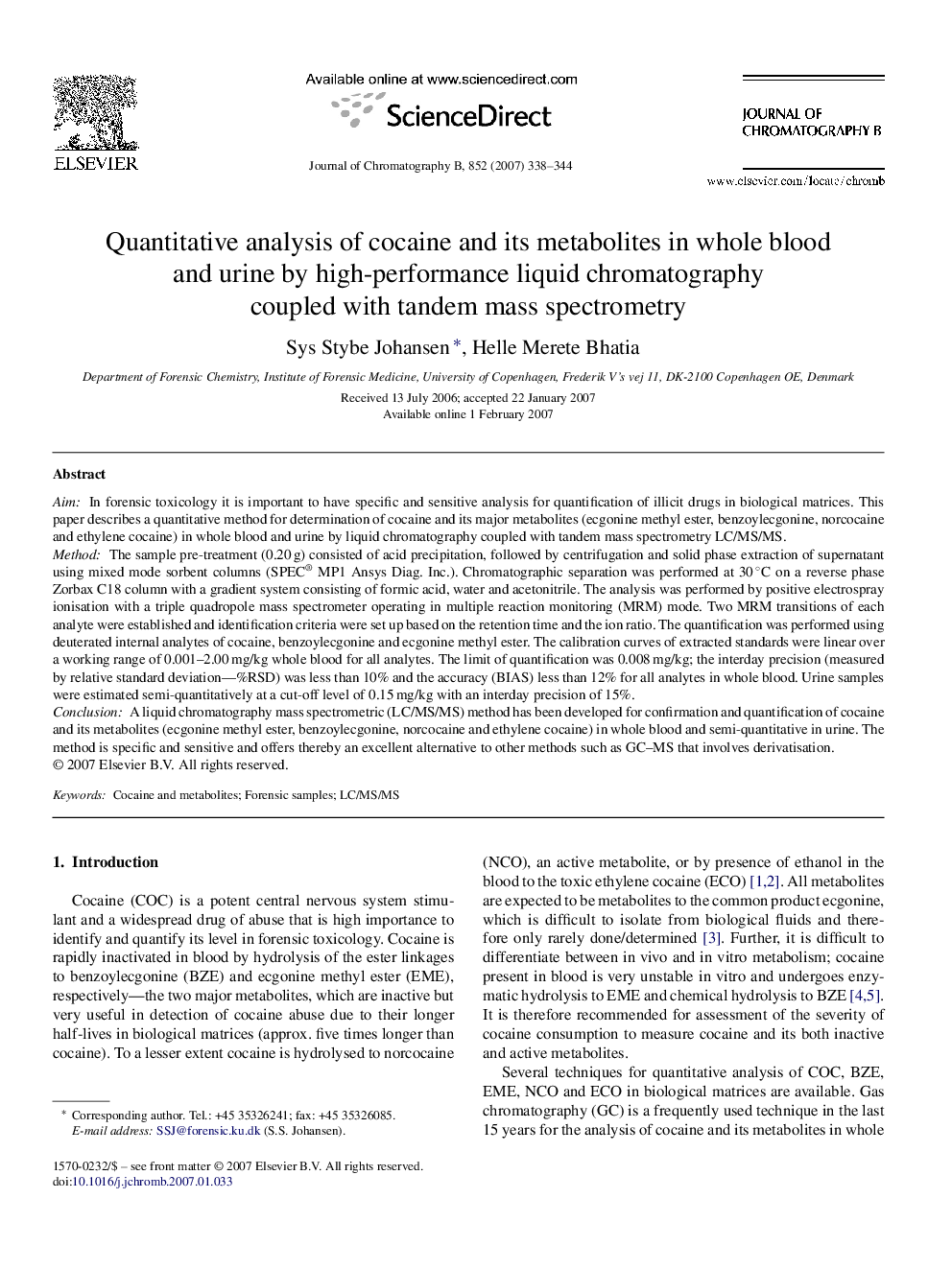 Quantitative analysis of cocaine and its metabolites in whole blood and urine by high-performance liquid chromatography coupled with tandem mass spectrometry