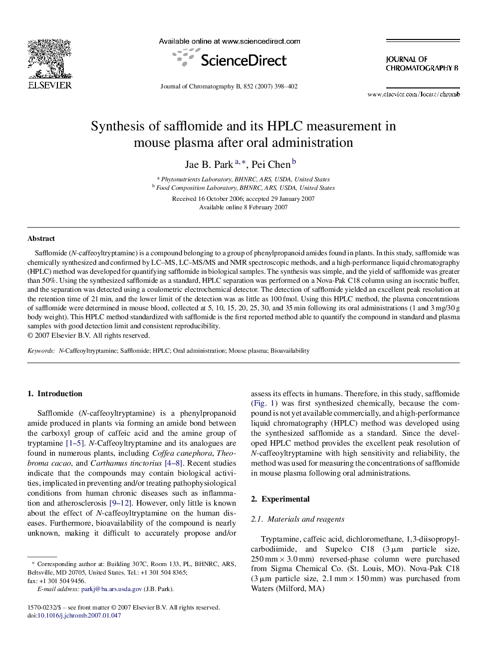 Synthesis of safflomide and its HPLC measurement in mouse plasma after oral administration