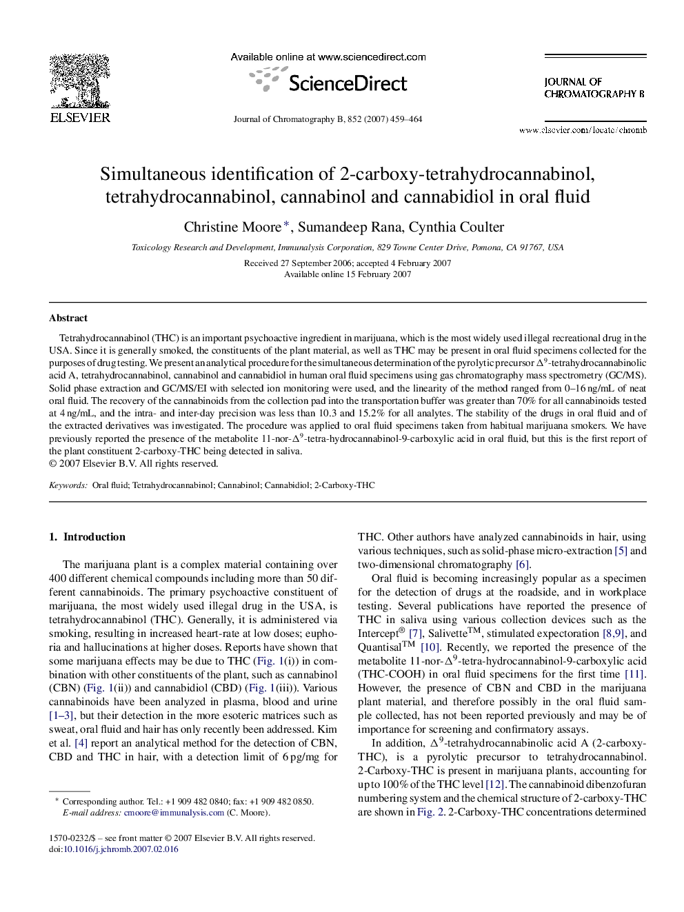 عکس صفحه اول مقاله: Simultaneous identification of 2-carboxy-tetrahydrocannabinol, tetrahydrocannabinol, cannabinol and cannabidiol in oral fluid Simultaneous identification of 2-carboxy-tetrahydrocannabinol, tetrahydrocannabinol, cannabinol and cannabidiol in oral fluid
