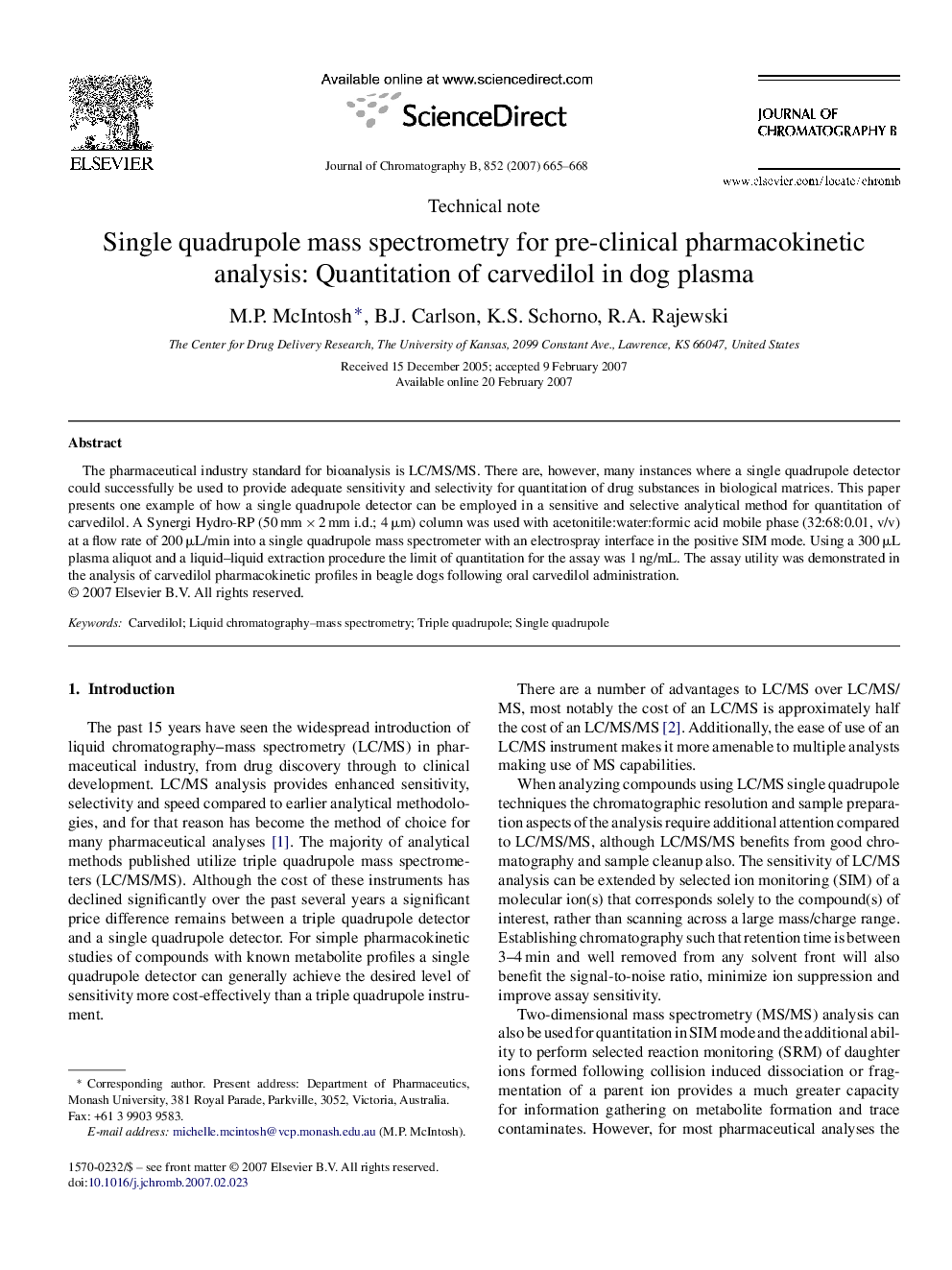 Single quadrupole mass spectrometry for pre-clinical pharmacokinetic analysis: Quantitation of carvedilol in dog plasma