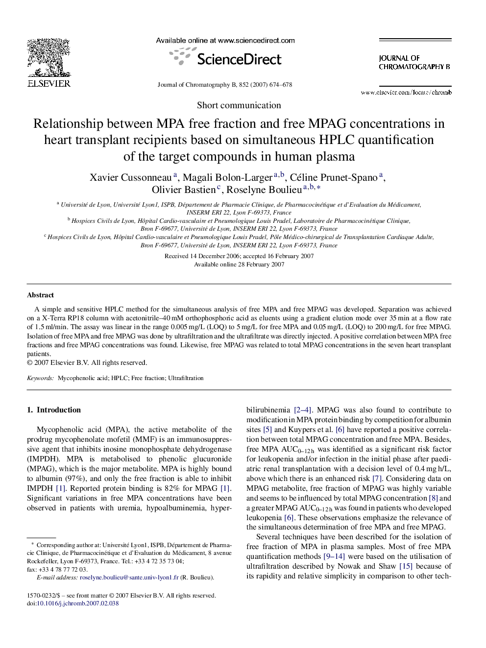 Relationship between MPA free fraction and free MPAG concentrations in heart transplant recipients based on simultaneous HPLC quantification of the target compounds in human plasma