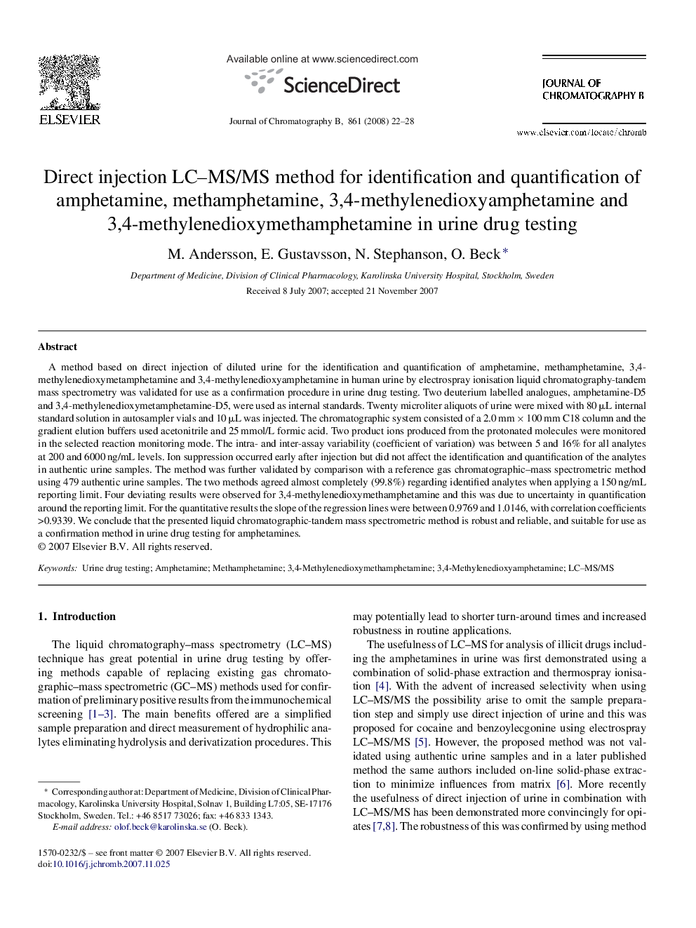 Direct injection LC–MS/MS method for identification and quantification of amphetamine, methamphetamine, 3,4-methylenedioxyamphetamine and 3,4-methylenedioxymethamphetamine in urine drug testing