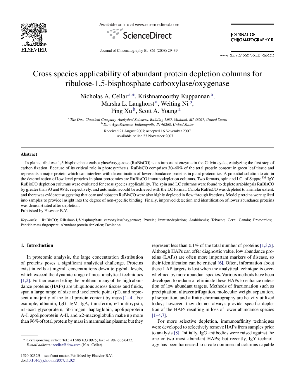 Cross species applicability of abundant protein depletion columns for ribulose-1,5-bisphosphate carboxylase/oxygenase