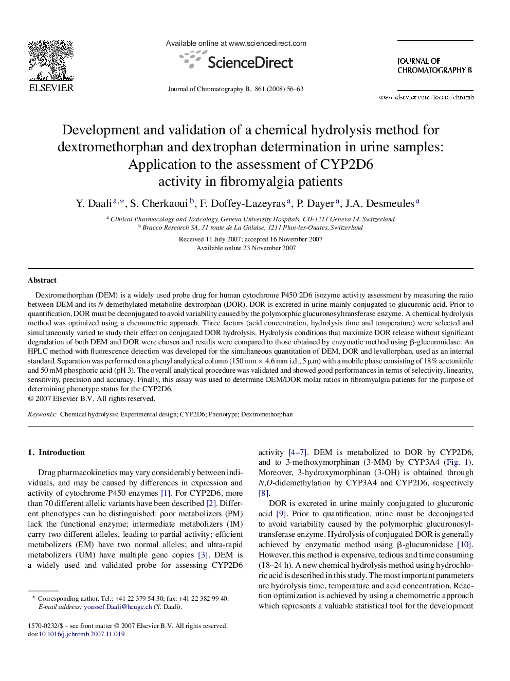 Development and validation of a chemical hydrolysis method for dextromethorphan and dextrophan determination in urine samples: Application to the assessment of CYP2D6 activity in fibromyalgia patients