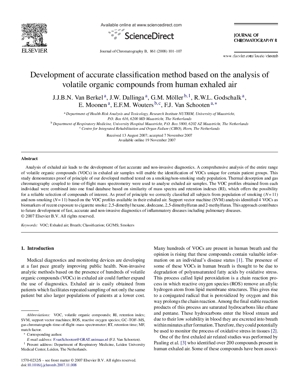 Development of accurate classification method based on the analysis of volatile organic compounds from human exhaled air