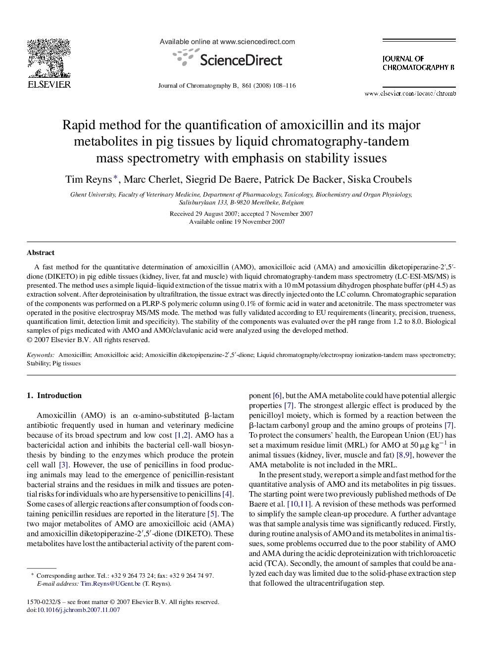 Rapid method for the quantification of amoxicillin and its major metabolites in pig tissues by liquid chromatography-tandem mass spectrometry with emphasis on stability issues