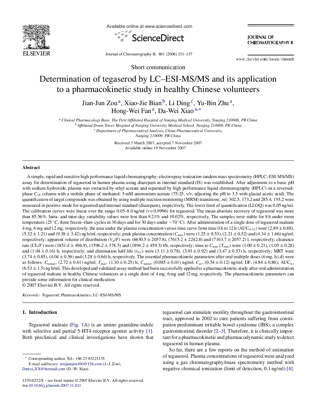 Determination of tegaserod by LC–ESI-MS/MS and its application to a pharmacokinetic study in healthy Chinese volunteers