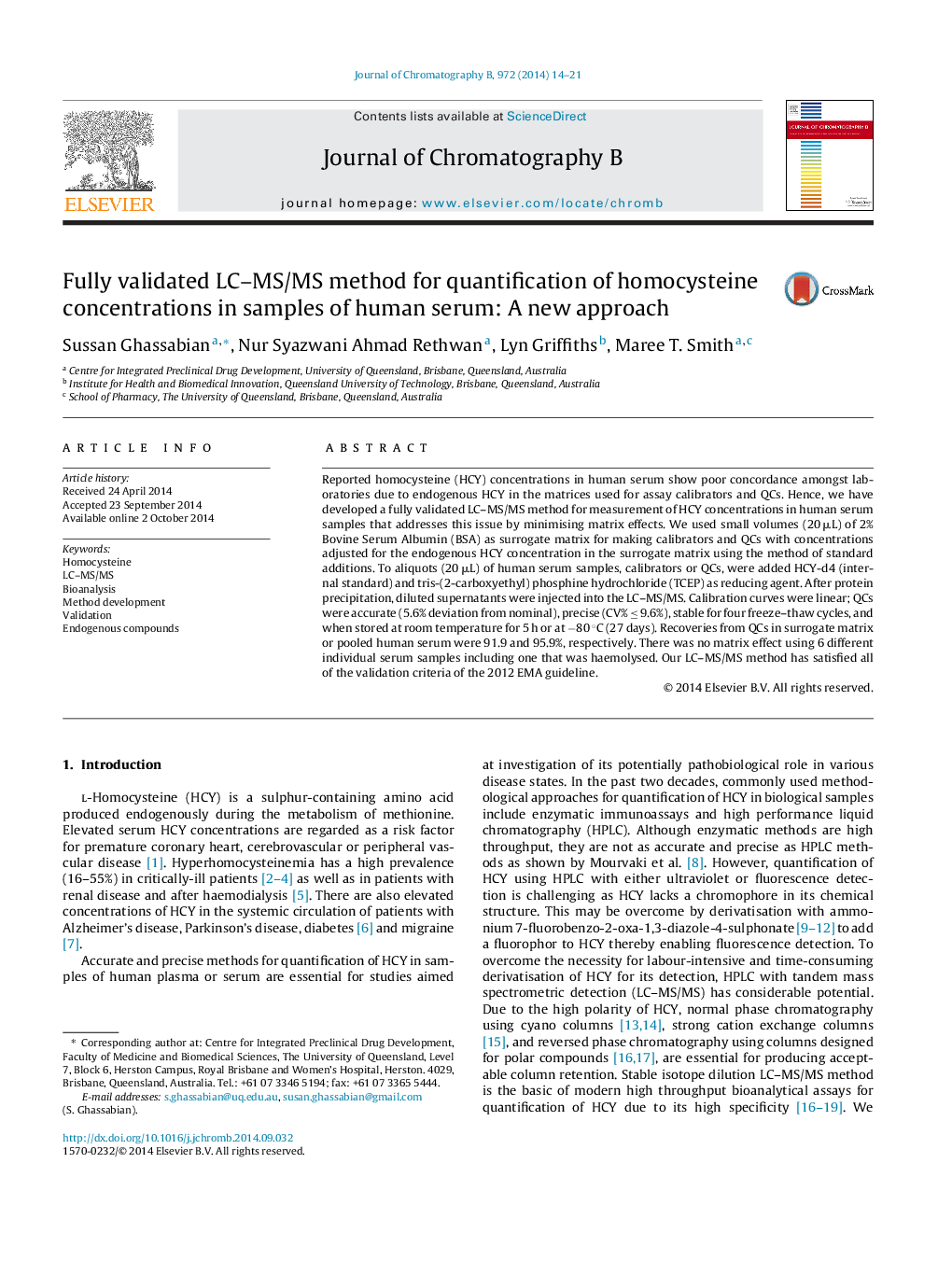 Fully validated LC–MS/MS method for quantification of homocysteine concentrations in samples of human serum: A new approach