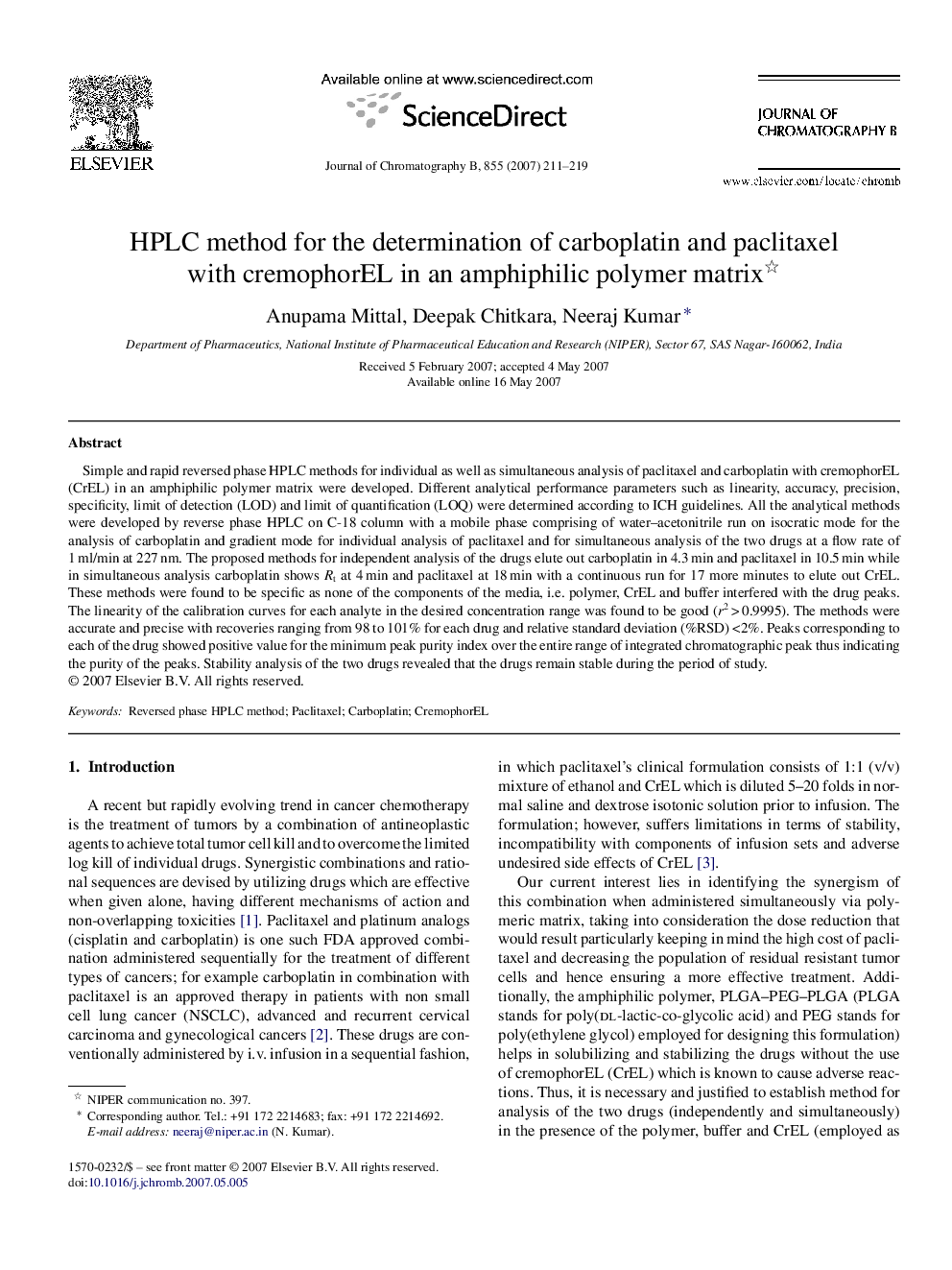 HPLC method for the determination of carboplatin and paclitaxel with cremophorEL in an amphiphilic polymer matrix 