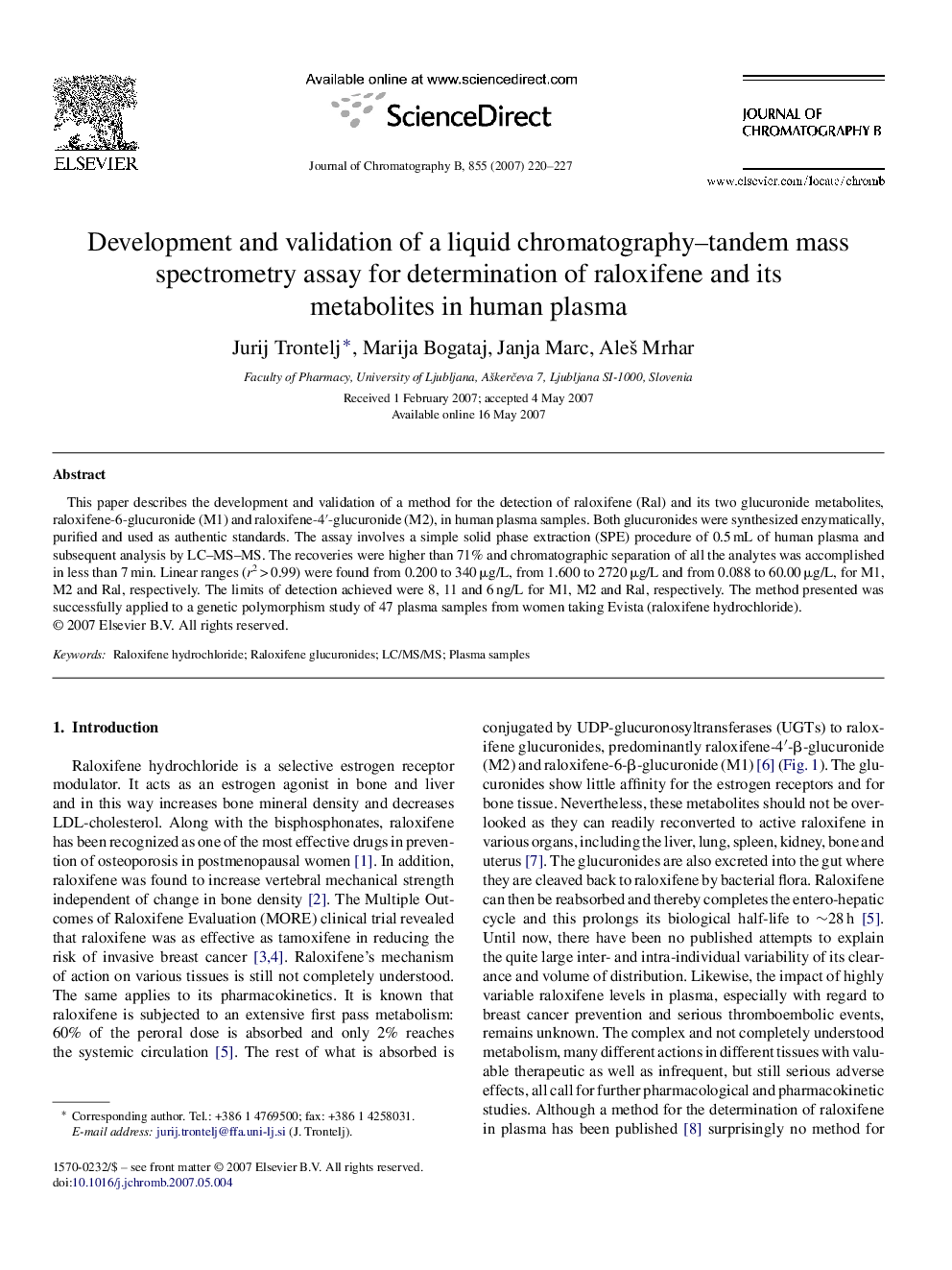 Development and validation of a liquid chromatography–tandem mass spectrometry assay for determination of raloxifene and its metabolites in human plasma