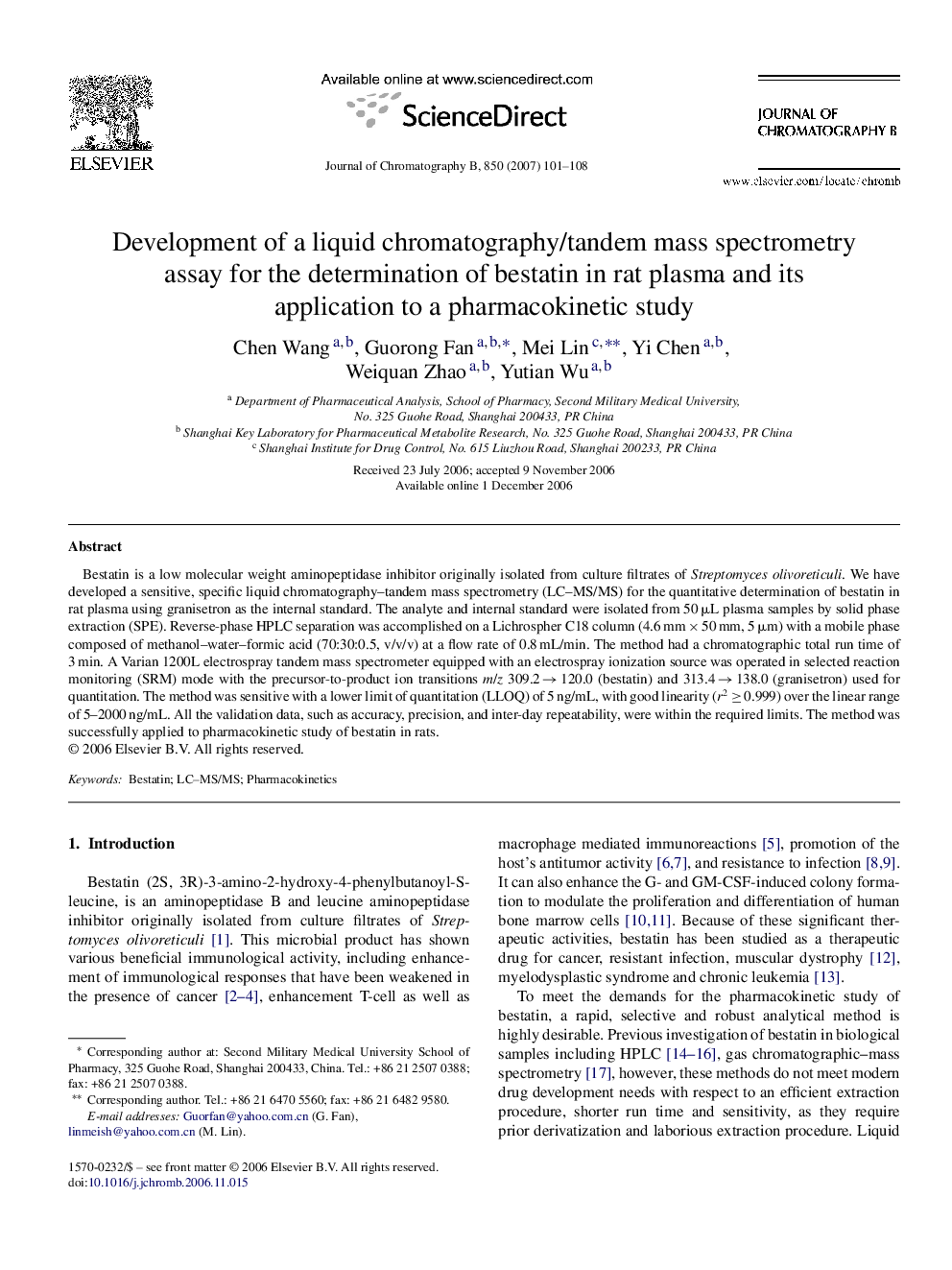 Development of a liquid chromatography/tandem mass spectrometry assay for the determination of bestatin in rat plasma and its application to a pharmacokinetic study