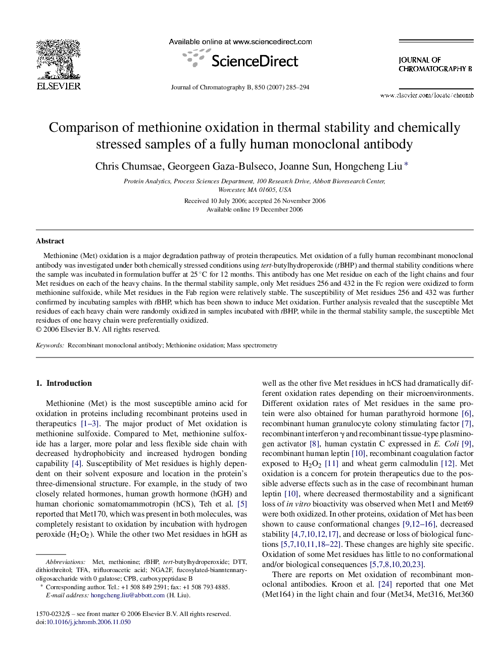 Comparison of methionine oxidation in thermal stability and chemically stressed samples of a fully human monoclonal antibody