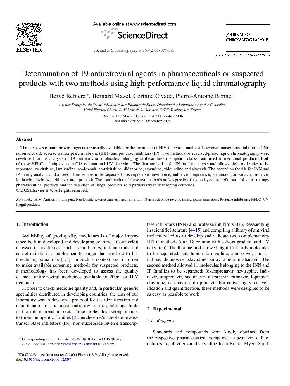 Determination of 19 antiretroviral agents in pharmaceuticals or suspected products with two methods using high-performance liquid chromatography