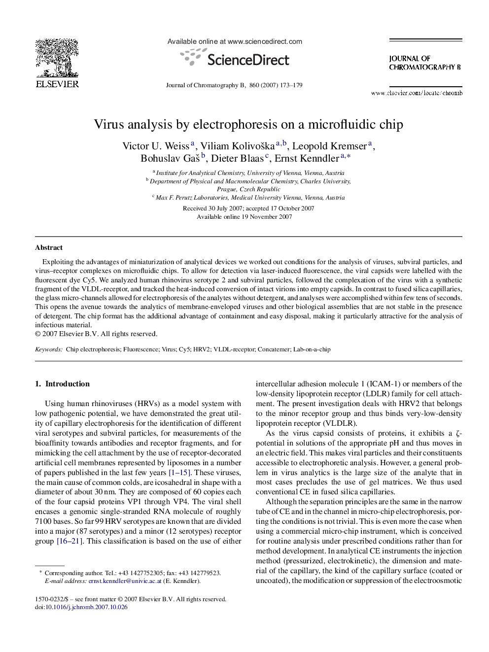 Virus analysis by electrophoresis on a microfluidic chip