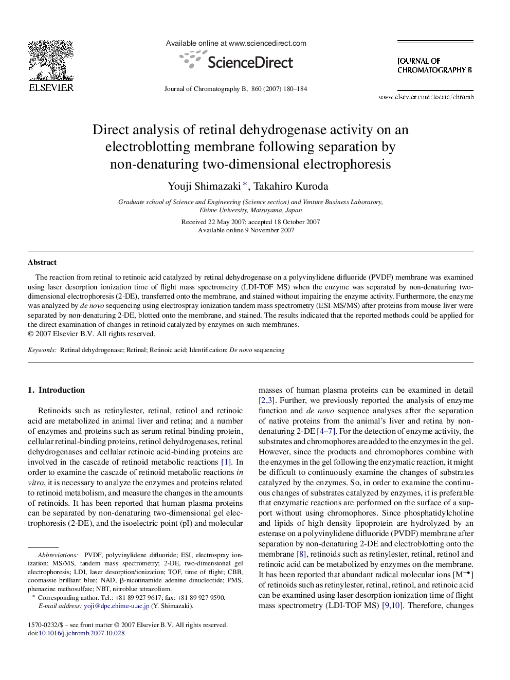 Direct analysis of retinal dehydrogenase activity on an electroblotting membrane following separation by non-denaturing two-dimensional electrophoresis