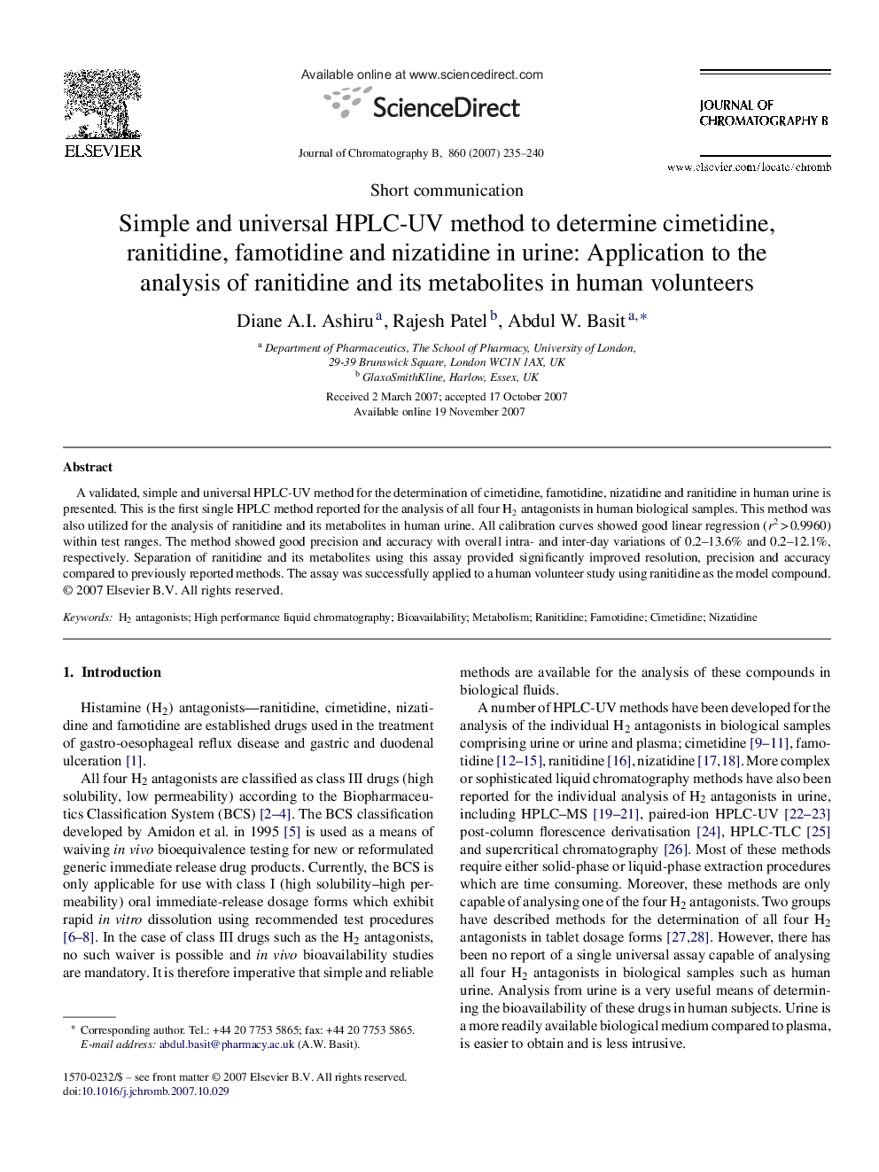 Simple and universal HPLC-UV method to determine cimetidine, ranitidine, famotidine and nizatidine in urine: Application to the analysis of ranitidine and its metabolites in human volunteers