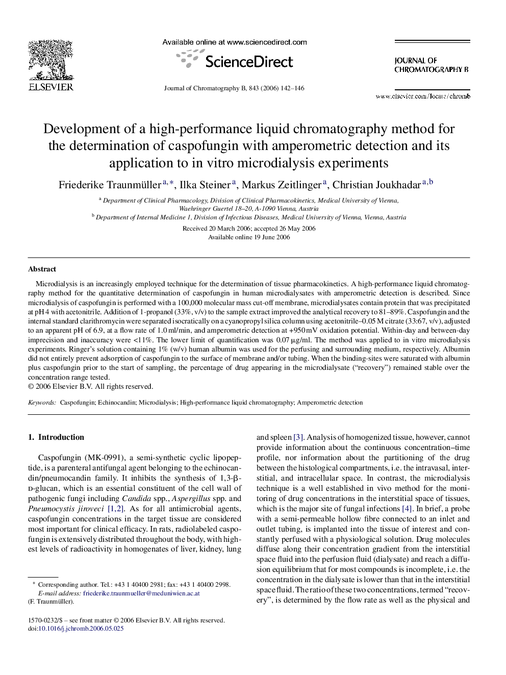 Development of a high-performance liquid chromatography method for the determination of caspofungin with amperometric detection and its application to in vitro microdialysis experiments